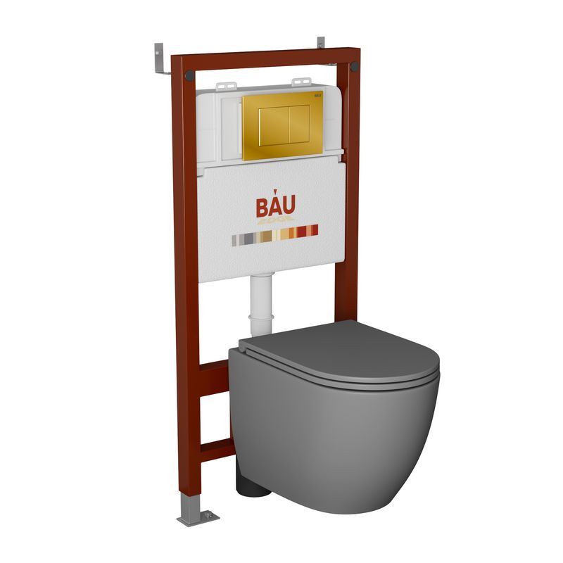 Комплект BAU 6 в 1: инсталляция BAU PRO, унитаз подвесной торнадо обратного потока Bau Dream Hurricane-2, сиденье дюропласт микролифт, темно-серый матовый, клавиша BAU Stil, золото