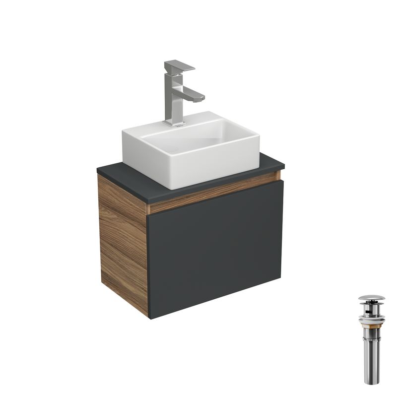 Комплект для ванной, 4 предмета (Тумба подвесная под раковину Bau 50, графит + раковина BAU 33х28 + смеситель Hotel Still, нержавеющая сталь, выпуск)