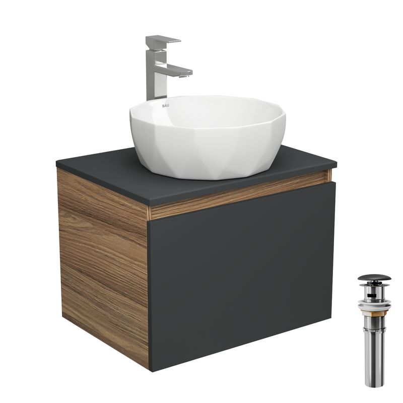 Комплект для ванной, 4 предмета (тумба Bau 60, графит + раковина на столешницу BAU Diamond D40 + смеситель Hotel Still, выпуск клик-клак, черный)