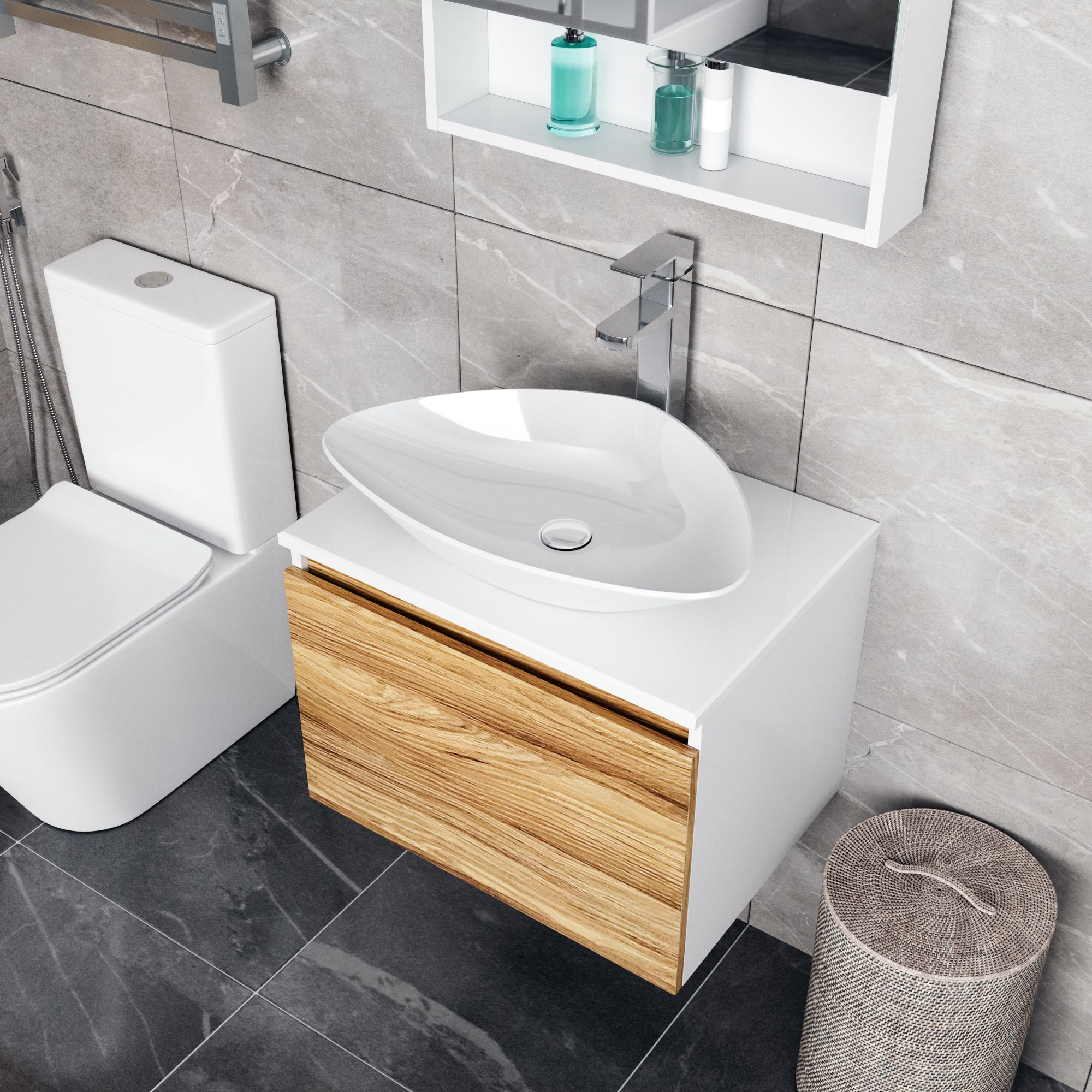 Комплект для ванной, 4 предмета (Тумба Bau Dream Blackwood 60, раковина BAU Triangle 59х39, смеситель для раковины высокий Hotel Still, нержавеющая сталь, выпуск клик клак, белый)