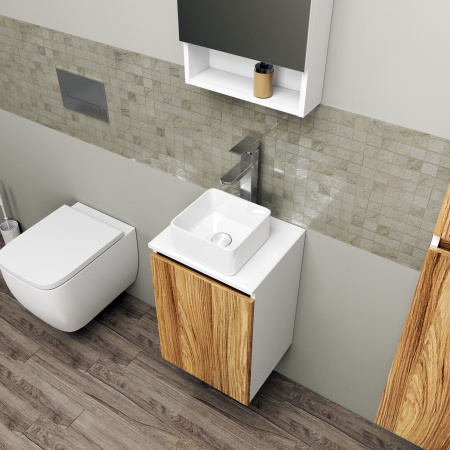 Комплект для ванной, 4 предмета (Тумба Bau Dream Blackwood 40, раковина BAU Mini 24х24, смеситель для раковины высокий Hotel Still, нержавеющая сталь, выпуск клик клак, белый)