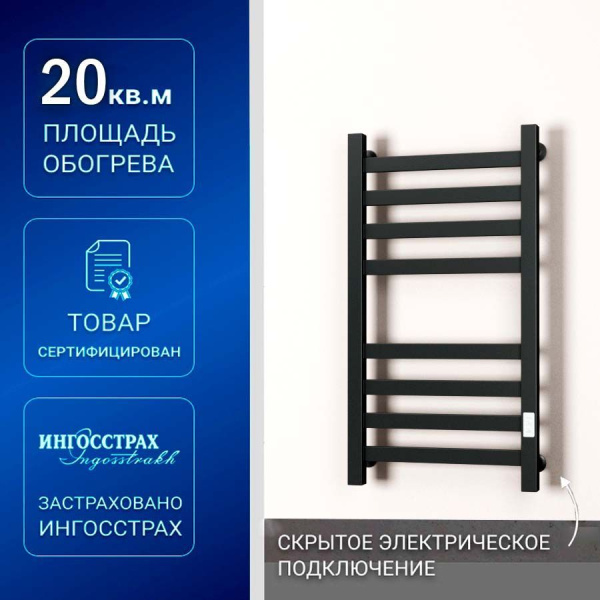 Полотенцесушитель электрический профильный Маргроид BAU В81/10 40х80, 2 вставки 4х4 размер 30*10, черный матовый с таймером, универсальное подключение