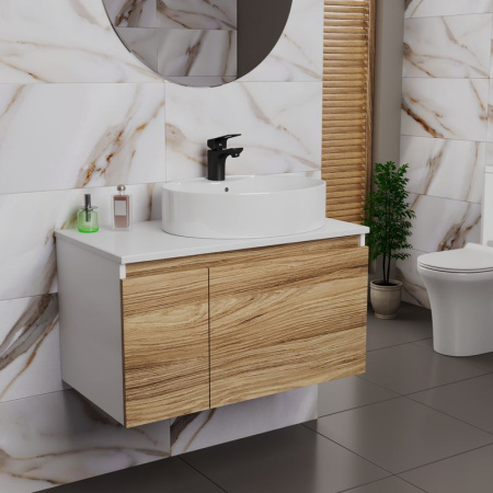 Комплект для ванной, 3 предмета (Тумба подвесная Bau Blackwood 80 + Раковина BAU 51х41, с отв. под см-ль, Смеситель Cerama Black, черный)