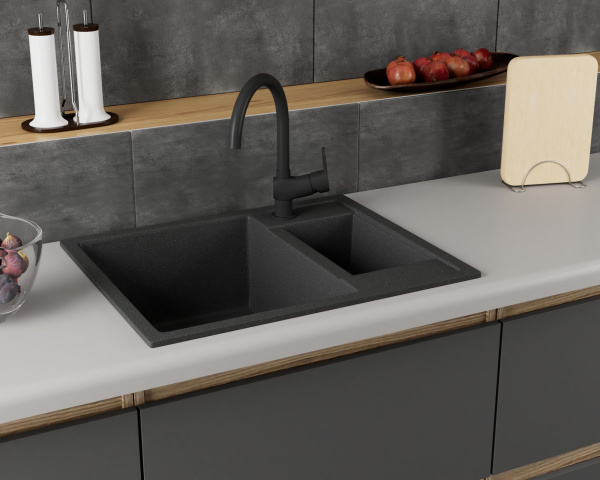 Мойка для кухни оборачиваемая с крылом BAU Stil Black stone 60х50, выпуск с сифоном в комплекте, черный камень