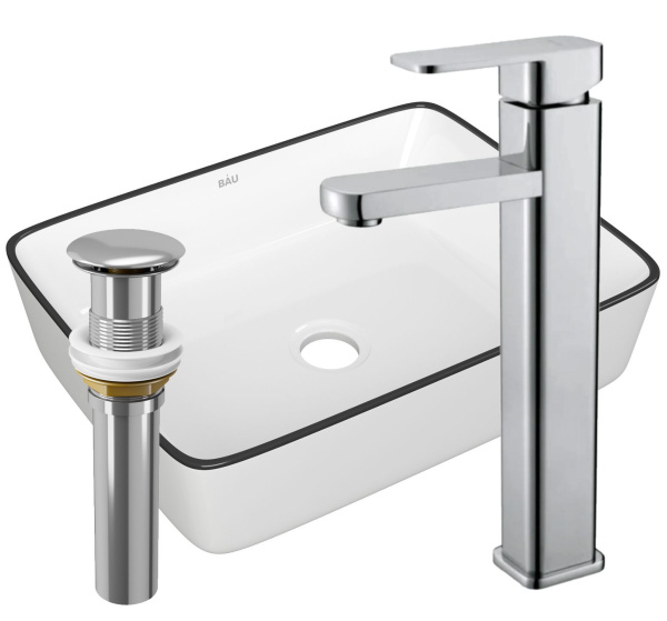 Раковина накладная со смесителем и выпуском (прямоугольная BAU Hotel 48х37, белая + смеситель Hotel Still, нер. сталь, выпуск клик-клак хром)