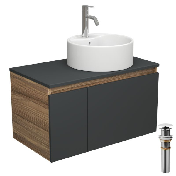 Комплект для ванной, 4 предмета (тумба Bau 80, графит + раковина BAU D40, с отв. под смеситель + смеситель Dream, выпуск клик-клак, белый)