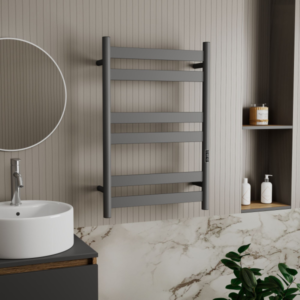 Полотенцесушитель дизайнерский электрический, профильный BAU Mix Gun Grey 50х80, 6 планок, универсальный, темно-серый металлик