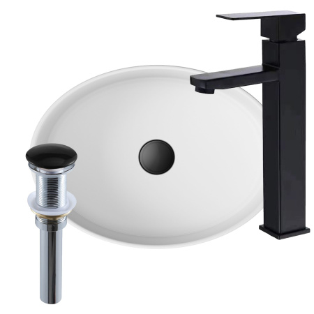Раковина со смесителем и выпуском (Умывальник на столешницу BAU Nimb овальный 50х36, белый, смеситель для раковины высокий Hotel Black, черный, выпуск клик клак, черный)