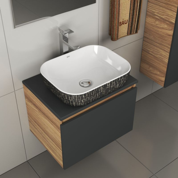 Комплект для ванной, 4 предмета (тумба Bau 60, графит + раковина BAU Stil Black White 50х40 + смеситель Hotel Still, выпуск клик-клак, хром)