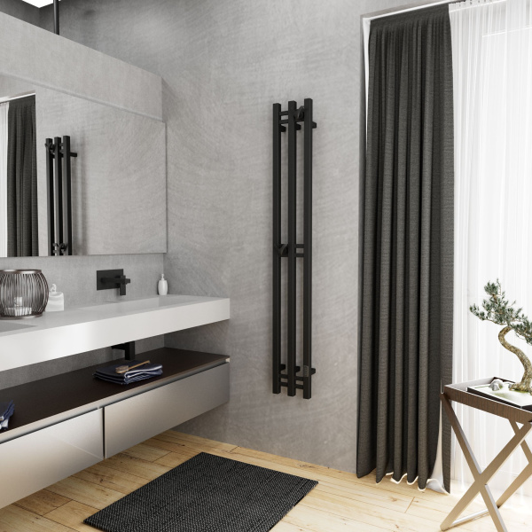 Полотенцесушитель дизайнерский электрический, профильный BAU Stella Square 25х160, 3 коллектора, 2 крючка, черный матовый RAL 9005