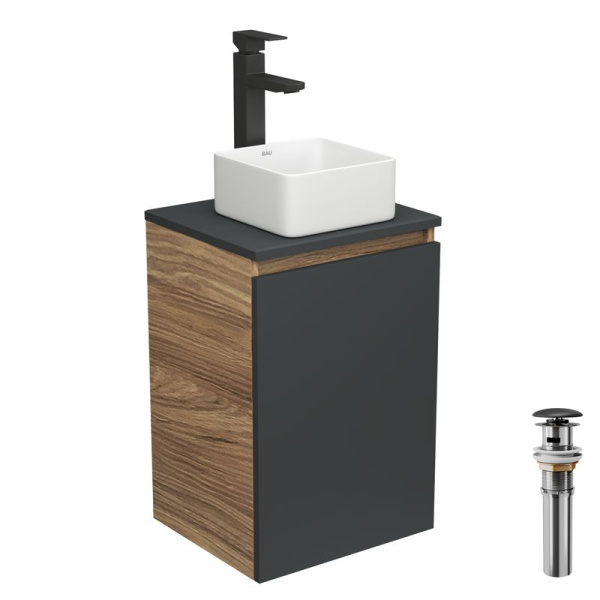 Комплект для ванной, 4 предмета (тумба Bau 40, графит + раковина BAU Hotel mini 24х24 + смеситель Hotel Black, выпуск клик-клак, черный)