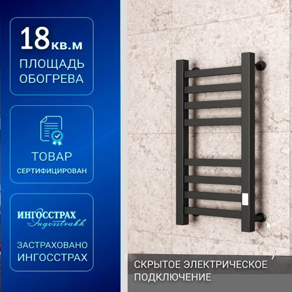 Полотенцесушитель электрический профильный Маргроид BAU В81/10 30х80, 2 вставки 4х4 размер 30*10, черный матовый с таймером, универсальное подключение