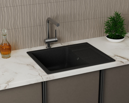 Мойка для кухни оборачиваемая с крылом BAU Stil Black stone 61х50, выпуск с сифоном в комплекте, черный камень