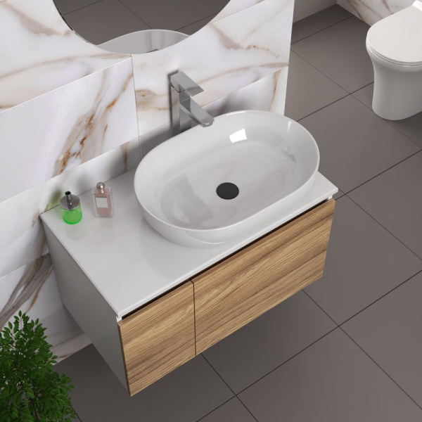 Комплект для ванной, 4 предмета (Тумба подвесная Bau Blackwood 80 + Раковина BAU 59х40 + Смеситель высокий Hotel Still, нерж. сталь, выпуск черный)