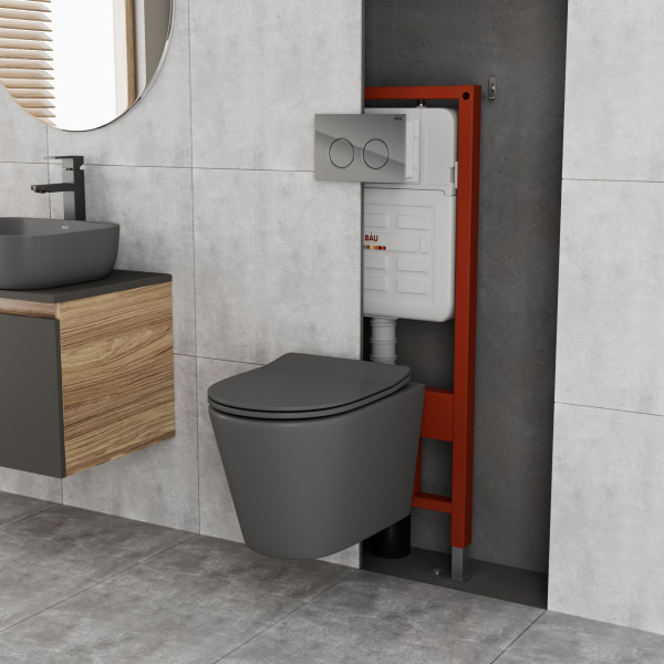 Комплект BAU 6 в 1: усиленная инсталляция BAU IDEAL, унитаз подвесной безободковый Bau Nimb темно-серый матовый, сиденье дюропласт микролифт, клавиша BAU Round, хром