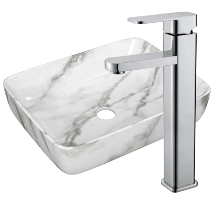 Раковина накладная со смесителем (прямоугольная BAU Hotel 48х37, мрамор + смеситель Hotel Still, нержавеющая сталь)