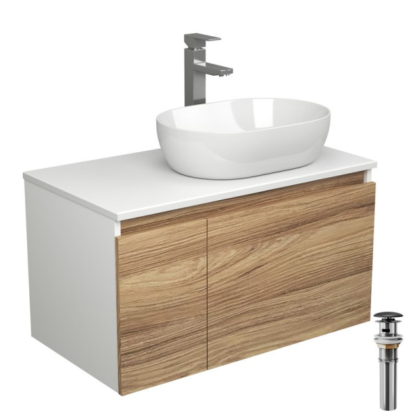 Комплект для ванной, 4 предмета (Тумба подвесная Bau Blackwood 80 + Раковина BAU 48х34 + Смеситель высокий Hotel Still, нерж. сталь, выпуск черный)