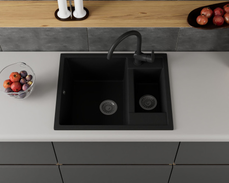 Мойка для кухни оборачиваемая полуторная чаша BAU Stil Black coal 60х50, выпуск с сифоном в комплекте, черный уголь