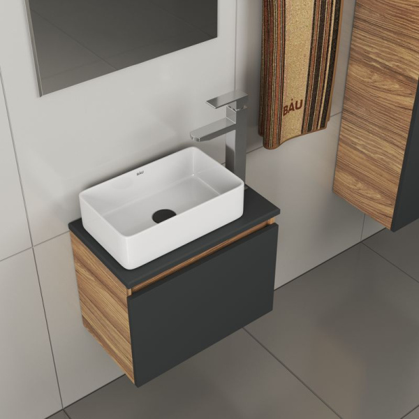 Комплект для ванной, 4 предмета (тумба Bau 50, графит + раковина BAU Hotel mini 38х24 + смеситель Hotel Still, выпуск клик-клак, черный)
