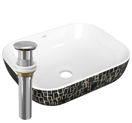 Раковина накладная прямоугольная BAU Stil 50х40, белая/черная с орнаментом + выпуск клик-клак, хром