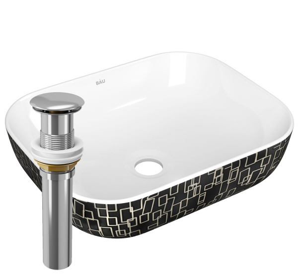 Раковина накладная прямоугольная BAU Stil 50х40, белая/черная с орнаментом + выпуск клик-клак, хром