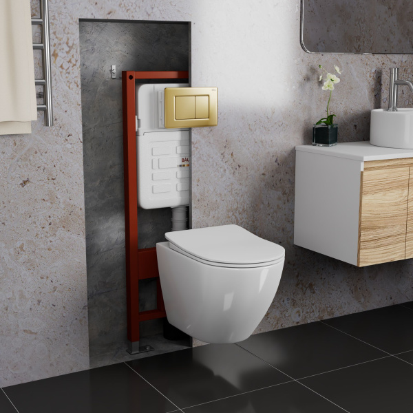 Комплект BAU 6 в 1: усиленная инсталляция BAU IDEAL, унитаз подвесной безободковый Bau Dream PRO-2, сиденье микролифт, клавиша BAU Light антивандальная, нерж. сталь золото