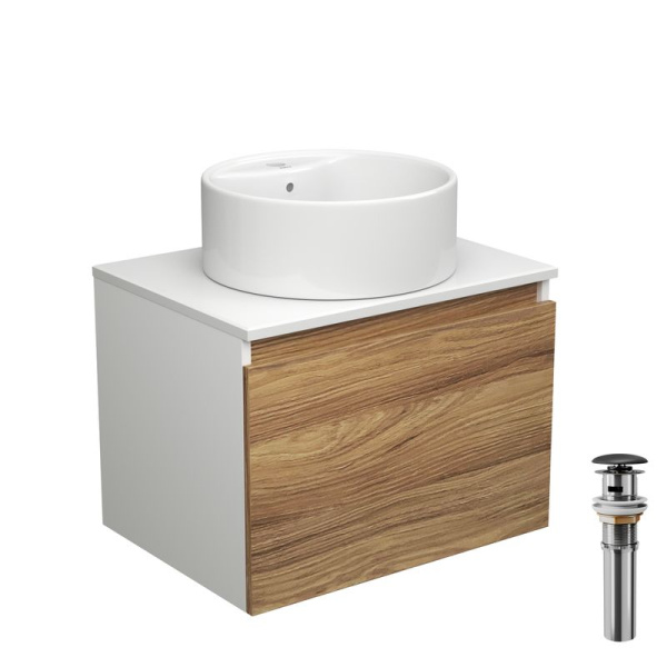 Тумба с раковиной и выпуском (тумба подвесная Bau Dream 60 + раковина BAU Element D40, с отверстием под смеситель, белая, выпуск клик-клак, черный)