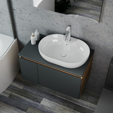 Комплект для ванной, 4 предмета (Тумба подвесная Bau Blackwood 80 графит + Раковина BAU 60х42, с отв. под см-ль + Смеситель Dream, выпуск белый)