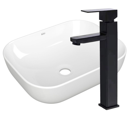Раковина накладная со смесителем (прямоугольная BAU Stil 50х40, белая + смеситель высокий Hotel Black, черный)