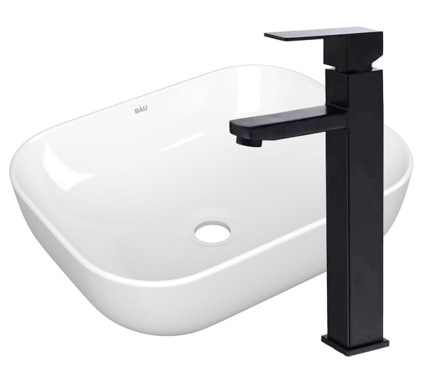 Раковина накладная со смесителем (прямоугольная BAU Stil 50х40, белая + смеситель высокий Hotel Black, черный)
