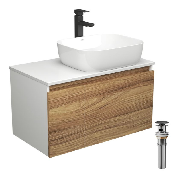 Комплект для ванной, 4 предмета (тумба Bau Dream 80 + раковина BAU Stil 50х40, белая + смеситель Hotel Black, выпуск клик-клак, черный)