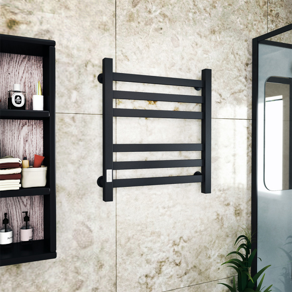 Полотенцесушитель электрический профильный Маргроид BAU В81/10 50х60, 2 вставки 3х3 размер 30*10, черный матовый RAL 9005 с таймером слева