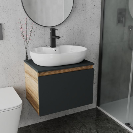 Комплект для ванной, 3 предмета (Тумба подвесная Bau Blackwood 60 графит + Раковина BAU 60х42, с отв. под см-ль, Смеситель Hotel Black, черный)