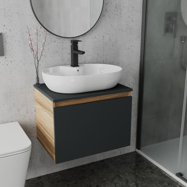 Комплект для ванной, 3 предмета (Тумба подвесная Bau Blackwood 60 графит + Раковина BAU 60х42, с отв. под см-ль, Смеситель Hotel Black, черный)