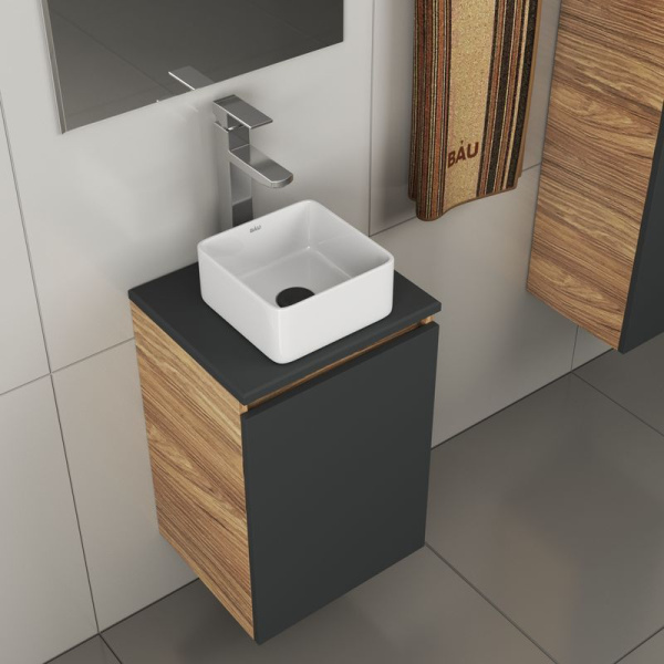 Комплект для ванной, 4 предмета (тумба Bau 40, графит + раковина BAU Hotel mini 24х24 + смеситель Hotel Still, выпуск клик-клак, черный)