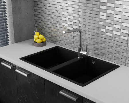 Мойка для кухни двойная чаша BAU Stil Black coal 77х50, выпуск с сифоном в комплекте, черный уголь
