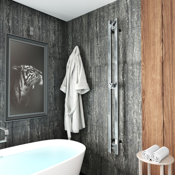 Полотенцесушитель дизайнерский электрический, профильный BAU Stella Square 10х160, 2 коллектора, 2 крючка, нерж. сталь полированная