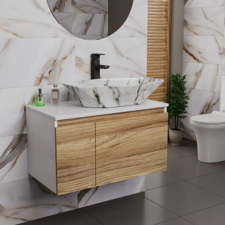 Комплект для ванной, 3 предмета (Тумба подвесная Bau Blackwood 80 + Раковина BAU 64х40, мрамор, Смеситель высокий Hotel Black, черный)