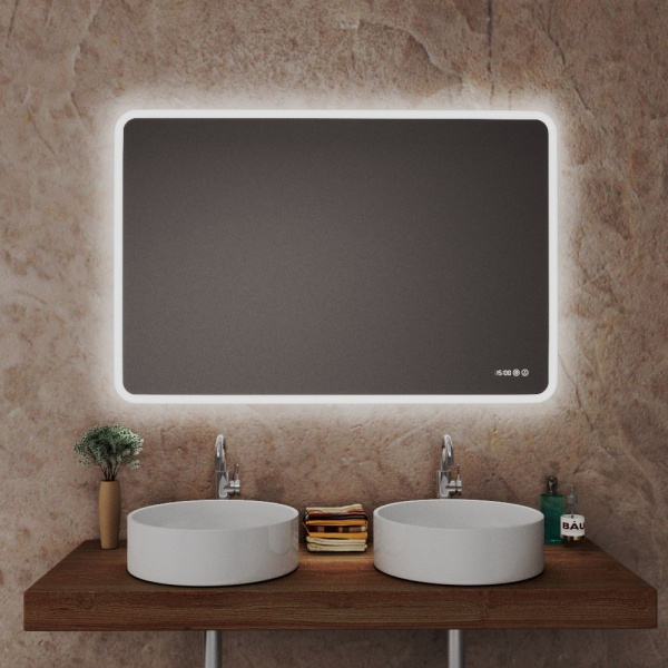 Зеркало с часами и антипаром Bau Stil 120х70, LeD подсветка, пластиковый защитный корпус