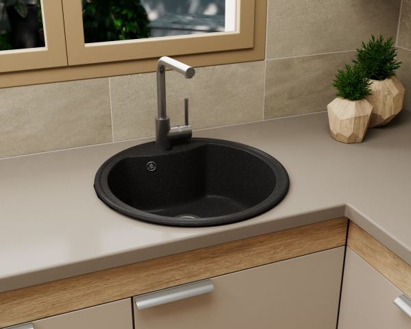 Мойка для кухни BAU Dream Black stone D 51, выпуск с сифоном в комплекте, черный камень