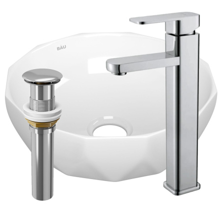 Раковина накладная со смесителем и выпуском (на столешницу BAU Diamond D40, белая + смеситель Hotel Still, нер. сталь, выпуск клик-клак хром)