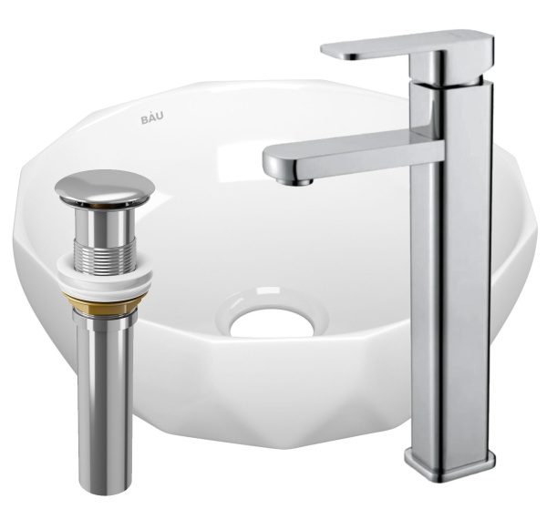 Раковина накладная со смесителем и выпуском (на столешницу BAU Diamond D40, белая + смеситель Hotel Still, нер. сталь, выпуск клик-клак хром)