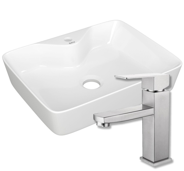 Раковина накладная прямоугольная BAU Cerama 48х37, с отверстием под смеситель, белая + смеситель Hotel Still, нержавеющая сталь