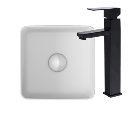 Раковина накладная со смесителем (BAU Mini квадратная 24х24 белая + смеситель для раковины высокий Hotel Black, черный)