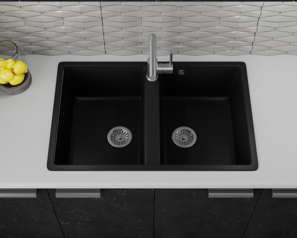 Мойка для кухни двойная чаша BAU Stil Black coal 77х50, выпуск с сифоном в комплекте, черный уголь