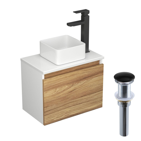 Комплект для ванной, 4 предмета (Тумба Bau Dream Blackwood 50, раковина BAU Mini 24х24, смеситель для раковины высокий Hotel Black, черный, выпуск клик клак, черный)