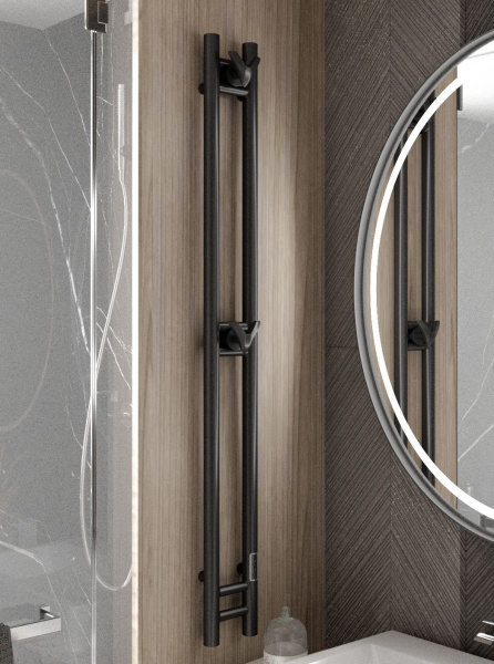 Полотенцесушитель дизайнерский электрический, BAU Stella 10х120, 2 коллектора, 2 крючка, черный матовый RAL 9005