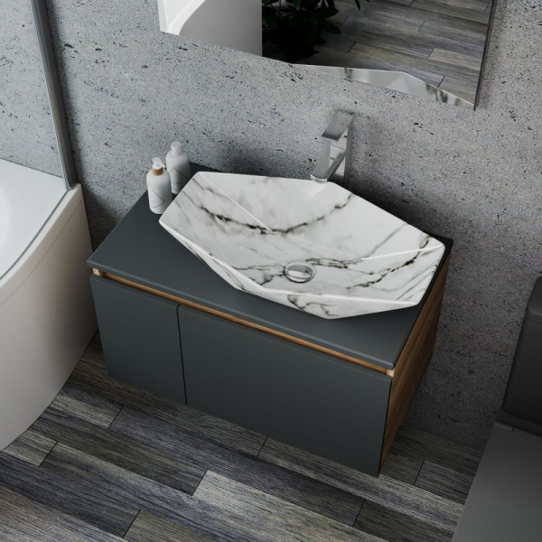 Комплект для ванной, 4 предмета (Тумба подвесная Bau Blackwood 80 графит + Раковина BAU 64х40, мрамор, Смеситель Hotel Still, нерж. сталь, выпуск)