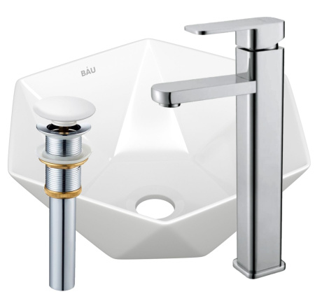 Раковина накладная со смесителем и выпуском (на столешницу BAU Crystal 40х40, белая + смеситель Hotel Still, нер. сталь, выпуск клик-клак белый)