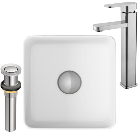 Раковина накладная со смесителем и выпуском (Умывальник BAU Mini квадратный 24х24 белый + смеситель для раковины высокий Potato Hotel, выпуск клик клак, хром)